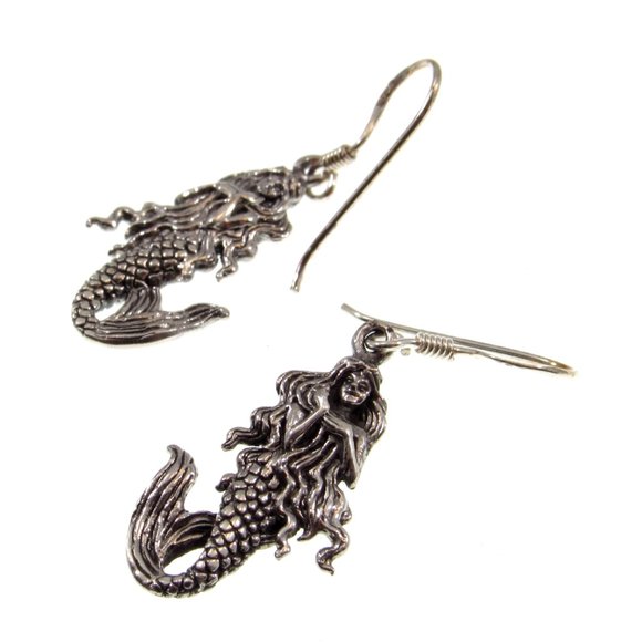 Handcrafted Solid 925 Sterling Silver 3D Mermaid Drop Dangle Hook Earrings - Picture 4 of 5
